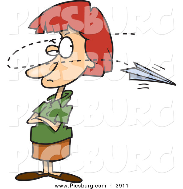Clip Art of a Annoyed Red Haired Businesswoman near a Paper Airplane