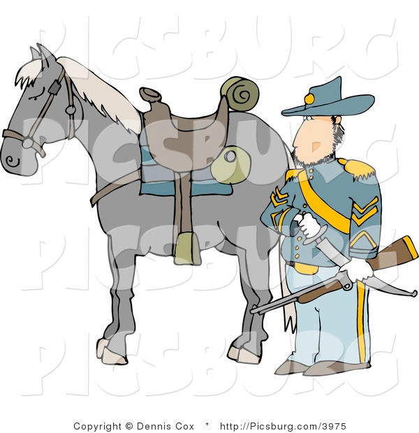 Clip Art of a Armed Union Soldier Standing Beside His Horse on a Battlefield and Holding a Musket