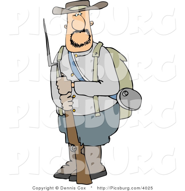 Clip Art of a Bearded Confederate Army Soldier Holding a Rifle with a Bayonet