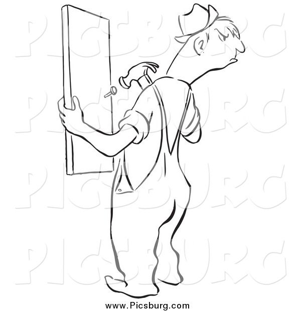 Clip Art of a Black and White Angry Man Repairing a Fence