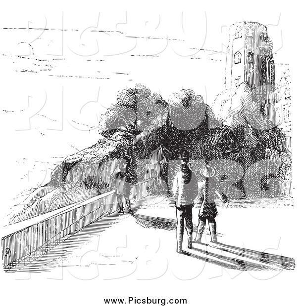 Clip Art of a Black and White People by Castle Ruins in Black and White