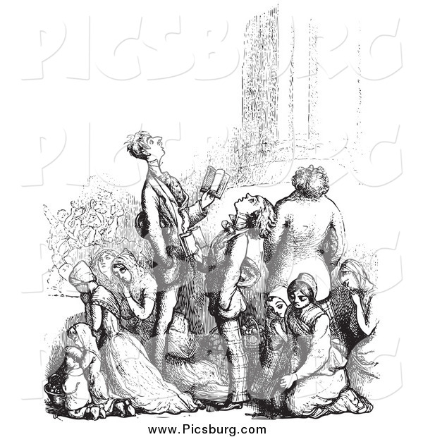 Clip Art of a Black and White Retro Group of People in Prayer