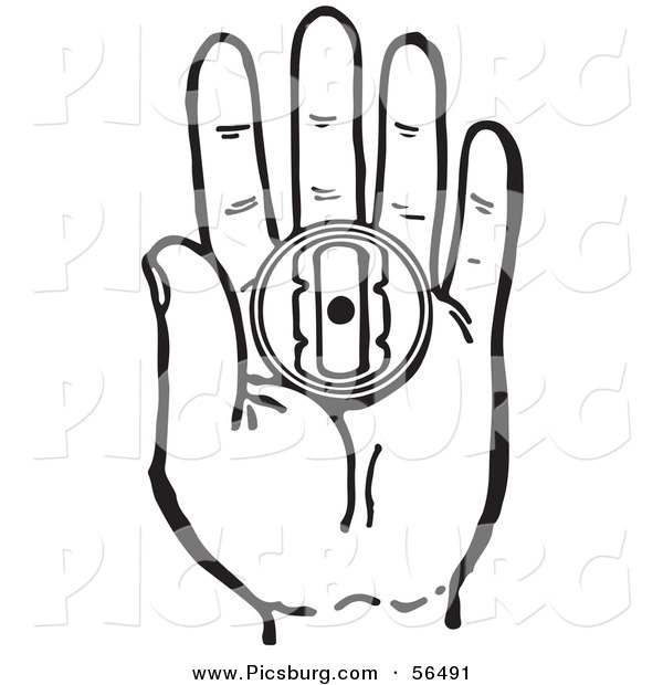 Clip Art of a Black and White Retro Hand Holding a Prank Buzzer Toy on White