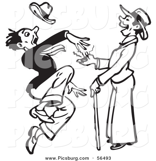 Clip Art of a Black and White Retro Surprised Man Leaping from a Prank Buzzer Toy