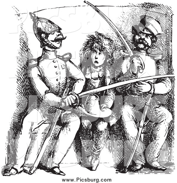 Clip Art of a Black and White Vintage Boy Between Soldiers Comparing Swords