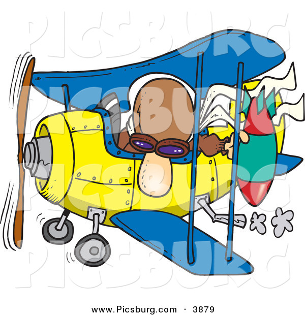 Clip Art of a Bomber Man in a Biplane Preparing to Drop a Bomb down onto the Ground