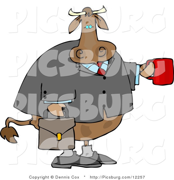 Clip Art of a Bored Business Cow Carrying a Briefcase and Holding a Cup of Coffee