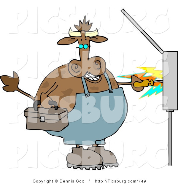 Clip Art of a Brown Cow Electrician Getting Zapped with Electricity