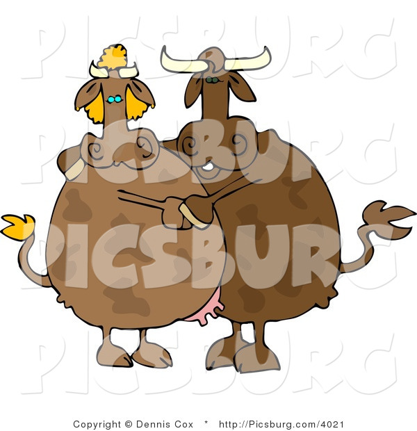 Clip Art of a Brown Male and Female Cow Couple Dancing Together