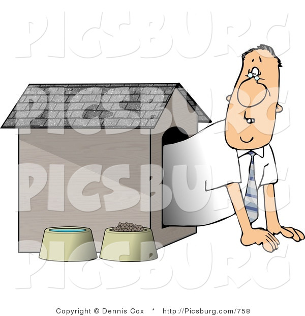 Clip Art of a Businessman in the Doghouse, Looking out with Worry