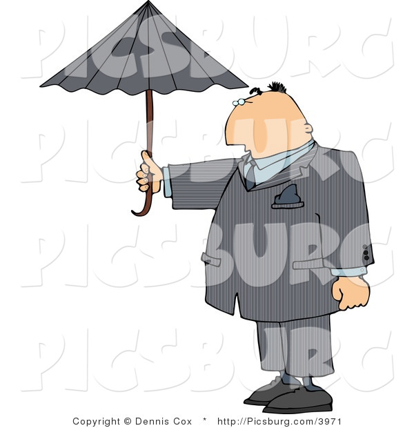 Clip Art of a Businessperson Standing Outside Under an Umbrella in Rainy Weather