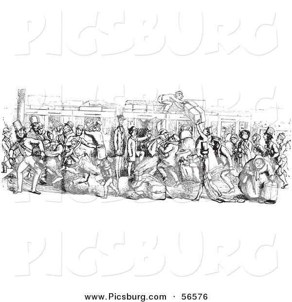 Clip Art of a Busy Mail Delivery Train - Black and White