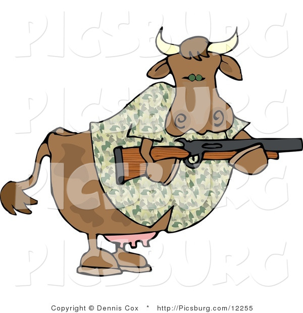 Clip Art of a Camouflaged Cow Holding a Hunting Rifle, Facing the Right