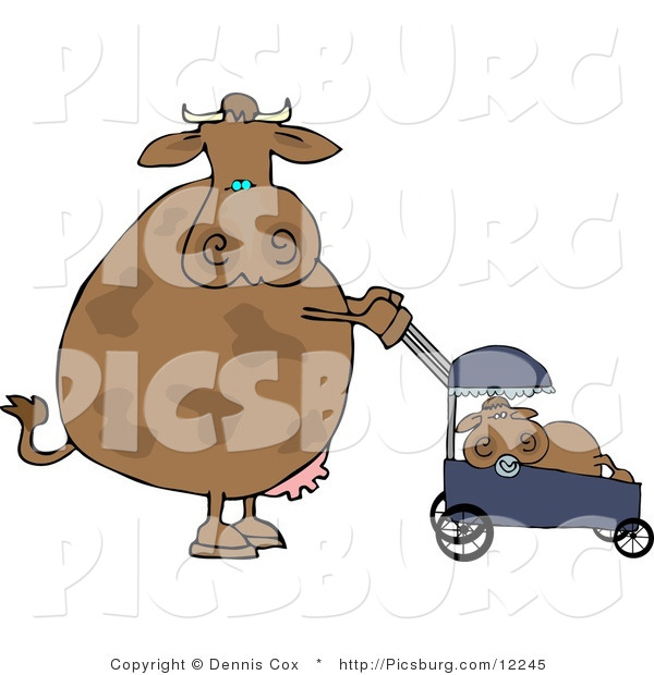 Clip Art of a Caring Mother Cow Pushing Her Calf in a Baby Stroller