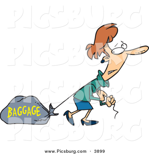 Clip Art of a Caucasian Woman Tugging a Heavy Bag