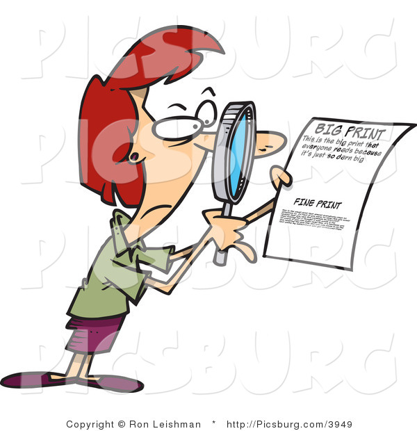Clip Art of a Cautious Woman Using a Magnifying Glass to Read the Fine Print on a Document
