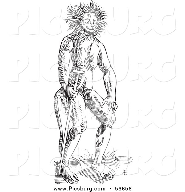 Clip Art of a Cercopithecus Wild Man Creature - Fantasy Black and White Line Drawing