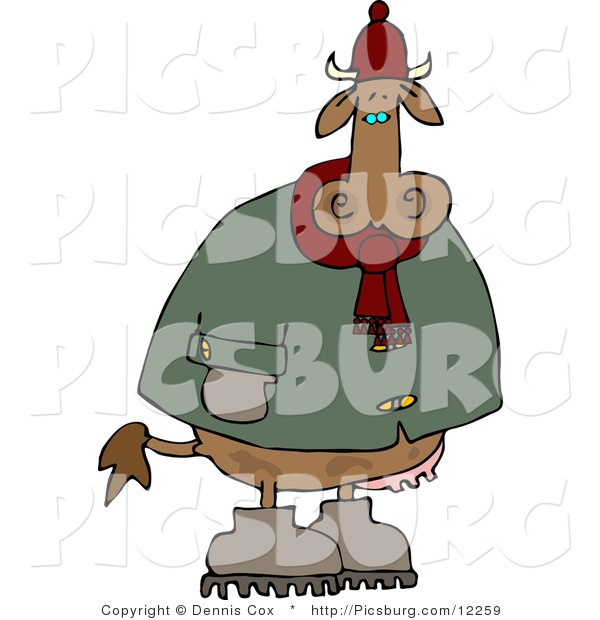 Clip Art of a Cold Cow Wearing Winter Clothing and Hat and Standing Outside