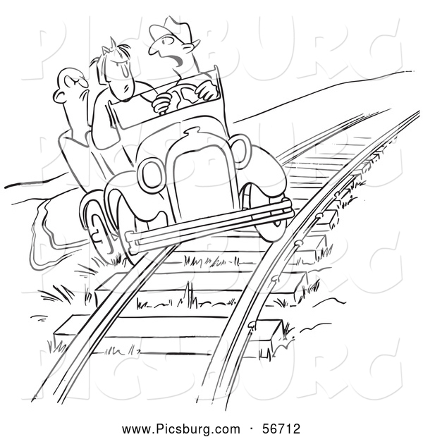 Clip Art of a Coloring Page of a Retro Vintage Late Driver Taking the Railroad Tracks Black and White