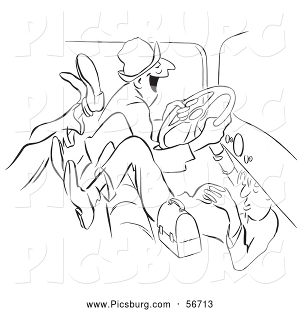 Clip Art of a Coloring Page of a Retro Vintage Morning Person Driving Car Pool Ride of Sleeping People Black and White