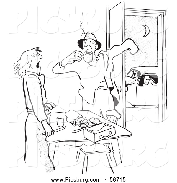 Clip Art of a Coloring Page of a Retro Vintage Woman Making Lunch for Her Husband Before Work Black and White