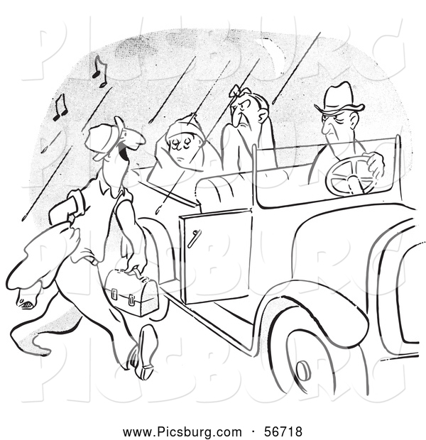Clip Art of a Coloring Page of a Vintage Morning Person Approaching a Car Pool Ride of Grumpy People Black and White