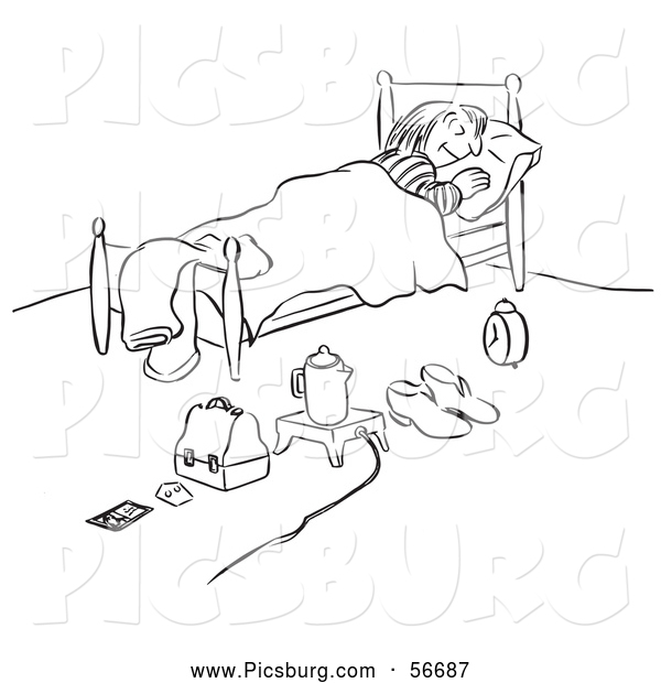 Clip Art of a Coloring Page of a Vintage Organized Woman Sleeping with Everything Ready for Morning Black and White