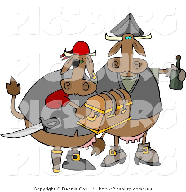Clip Art of a Couple of Brown Cow Pirates Carrying Treasure Chest and Bottle of Rum in Their Hands