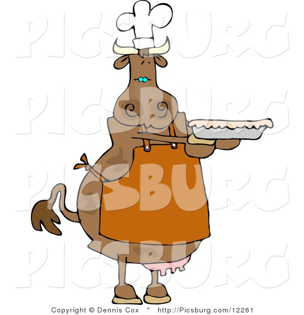 Clip Art of a Cow Baker Person Holding a Freshly Baked Pie
