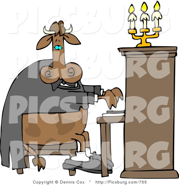 Clip Art of a Cow Pianist Playing a Piano with a Chandelier