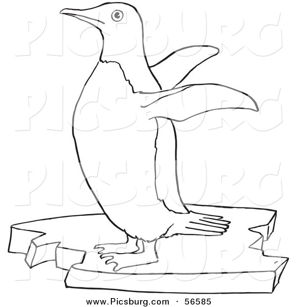 Clip Art of a Cute Penguin Flapping Wings on Floating Ice - Black and White Line Art