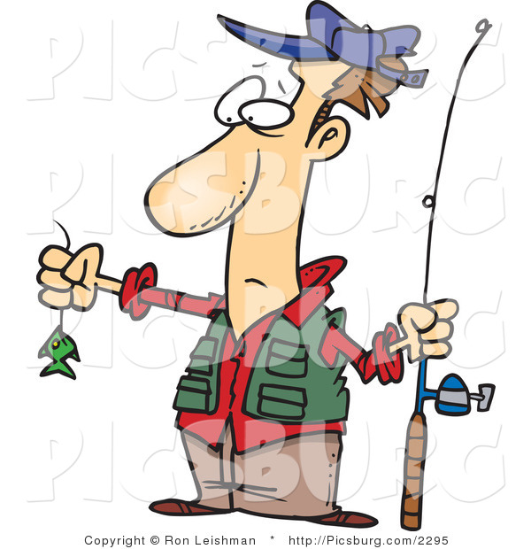 Clip Art of a Disappointed Wide Eyed Fisherman with a Very Small Fish on His Fishing Line