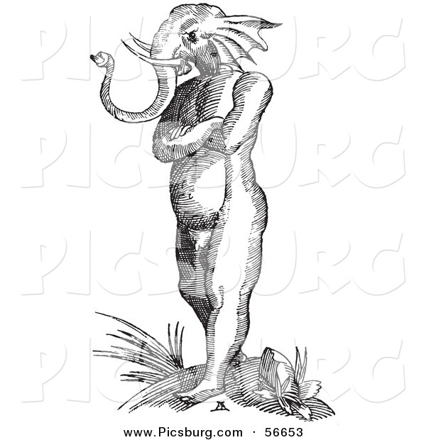 Clip Art of a Elephant Headed Man Creature - Fantasy Black and White Line Drawing