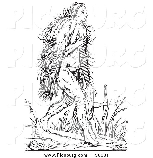 Clip Art of a Fantasy Hairy Woman Creature Walking with a Child - Black and White Line Drawing