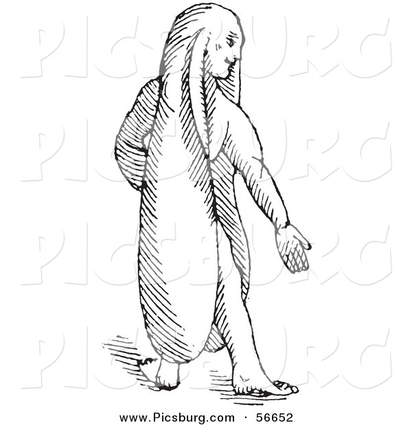 Clip Art of a Fantasy Rabbit Eared Man Creature - Black and White Line Drawing