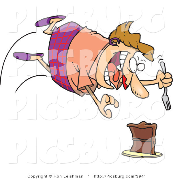 Clip Art of a Fat Caucasian Woman Diving Towards a Chocolate Cake with a Fork