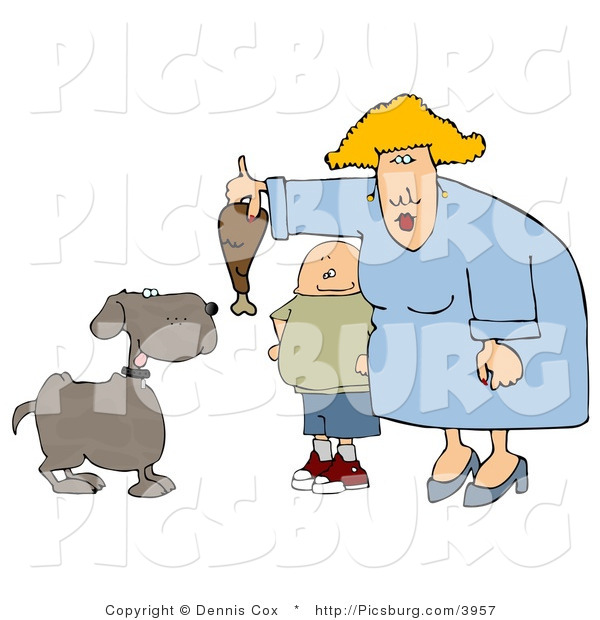 Clip Art of a Fat Son Watching Mom Feed a Brown Pet Dog a Turkey Leg