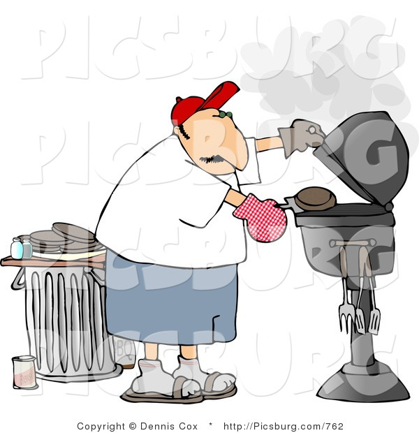 Clip Art of a Father Putting a Hamburger on a Barbecue (BBQ) Grill