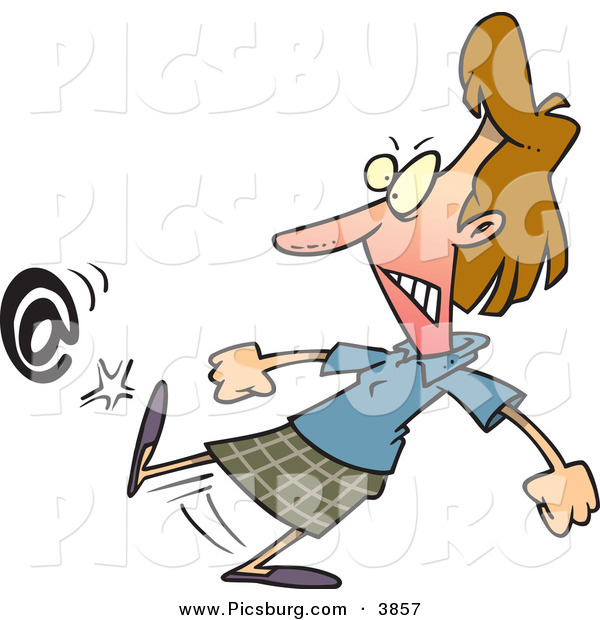 Clip Art of a Frustrated and Angry White Woman Kicking an at Symbol