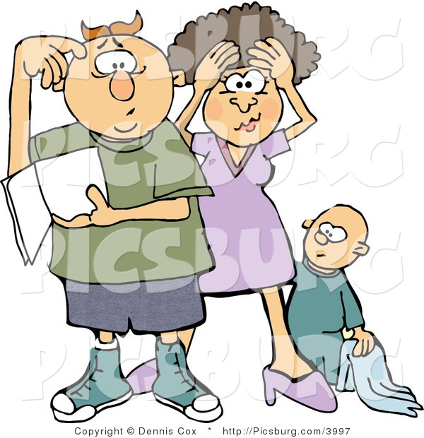 Clip Art of a Frustrated New Mother and Dad Trying to Figure out How to Raise a Baby Boy - Parenting Humor