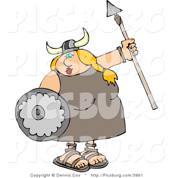 Clip Art of a Funny Fat Blond Viking Woman Armed with a Spear and Shield
