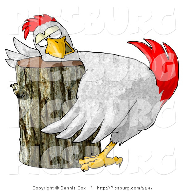 Clip Art of a Funny White Chicken on a Wood Chopping Block