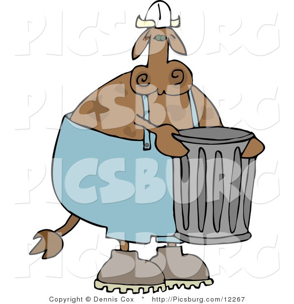 Clip Art of a Garbageman Cow with a Trashcan in Front