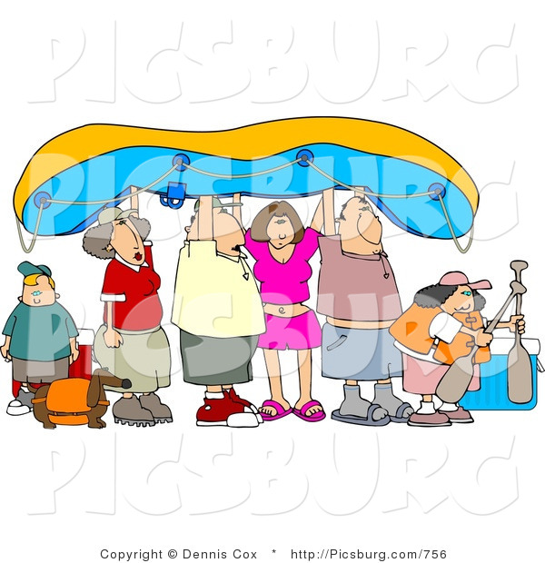 Clip Art of a Gathering of Friends and Family Going River Rafting