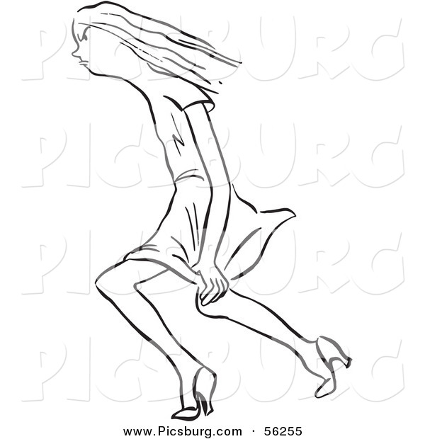 Clip Art of a Girl Holding Dress down in Windy Weather - Black and White Line Art