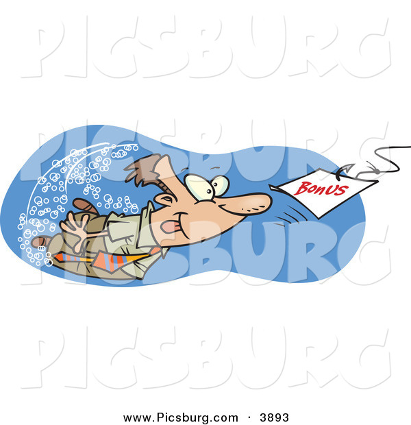 Clip Art of a Goofy White Man Swimming After a Hooked Bonus Underwater