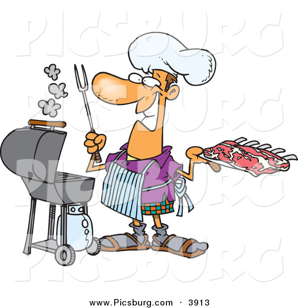 Clip Art of a Grinning Cook Man Preparing to Barbeque Ribs on a Gas Grill