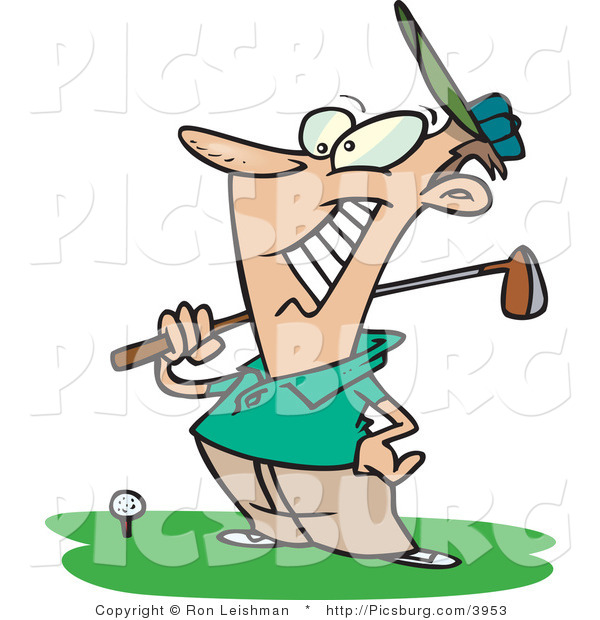 Clip Art of a Grinning Happy Male Golfer near a Ball, Holding His Golf Club and Standing on the Green