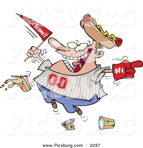 Clip Art of a Grinning Male Baseball Fan with a Hot Dog Hat, Flag, Hand and Drinks