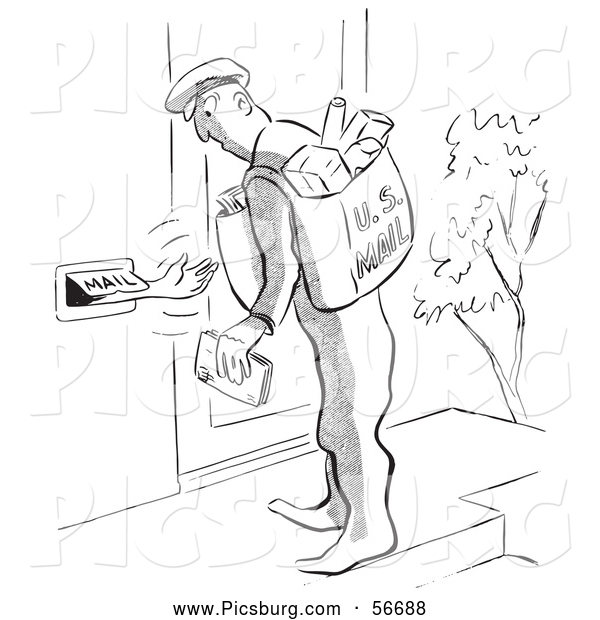 Clip Art of a Hand Reaching out the Mail Slot to the Mailman Black and White
